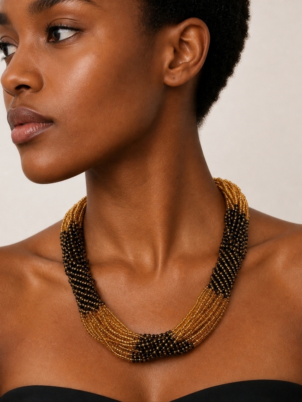 HANDMADE Gold and Black Glass Bead Woven Multi-strand Necklace